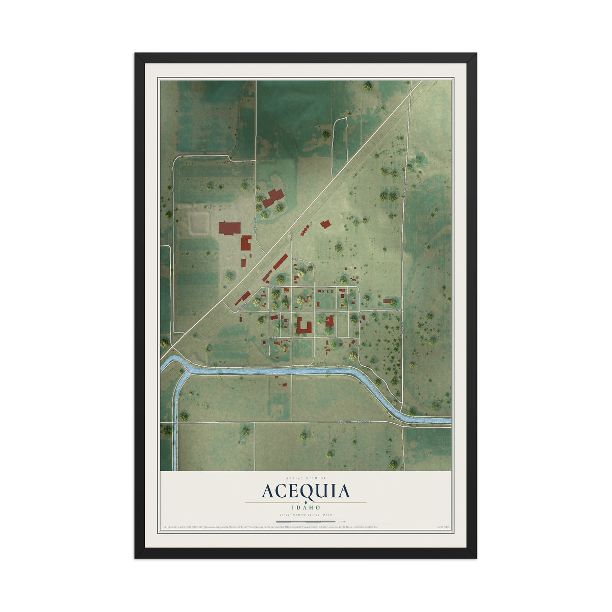 Map of Acequia, Idaho, 12 x 18 inch print in a black wood frame