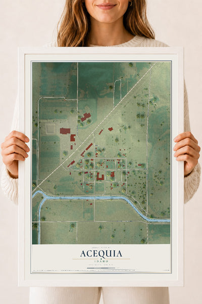 Map of Acequia, Idaho, 18 x 24 inch print in a white wood frame