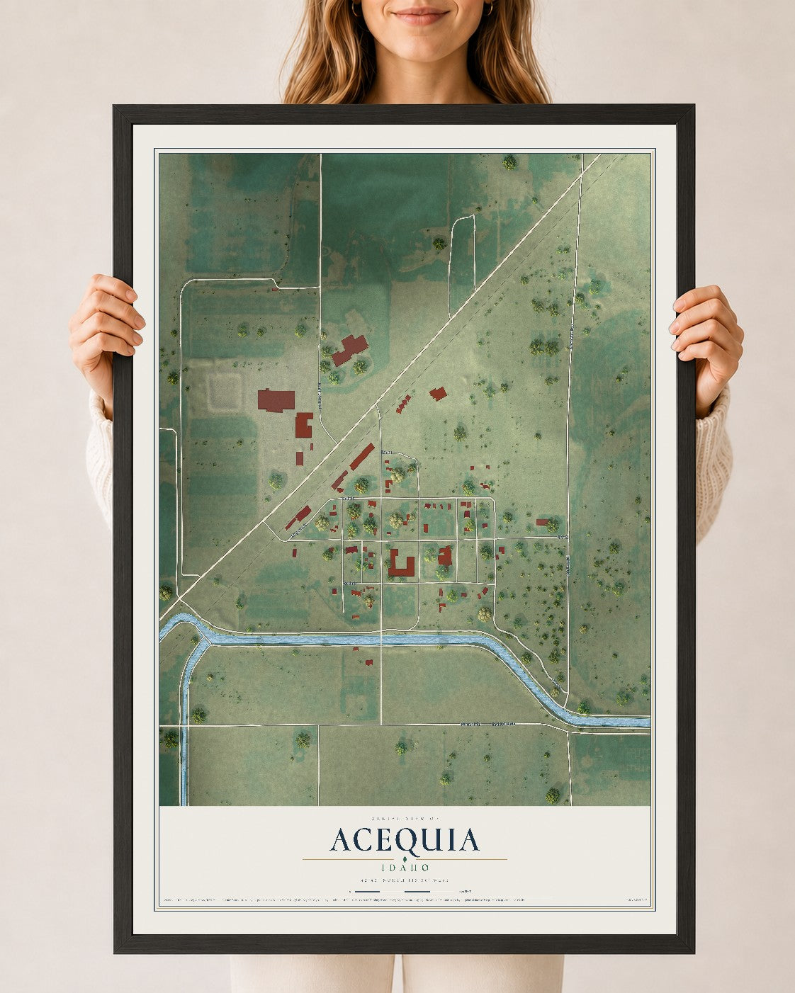 Map of Acequia, Idaho, 24 x 36 inch print in a black wood frame