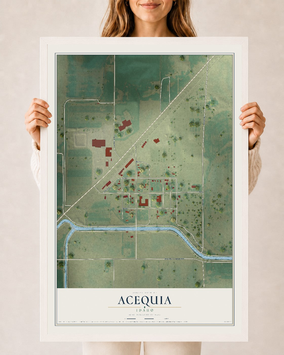 Map of Acequia, Idaho, 24 x 36 inch print in a white wood frame