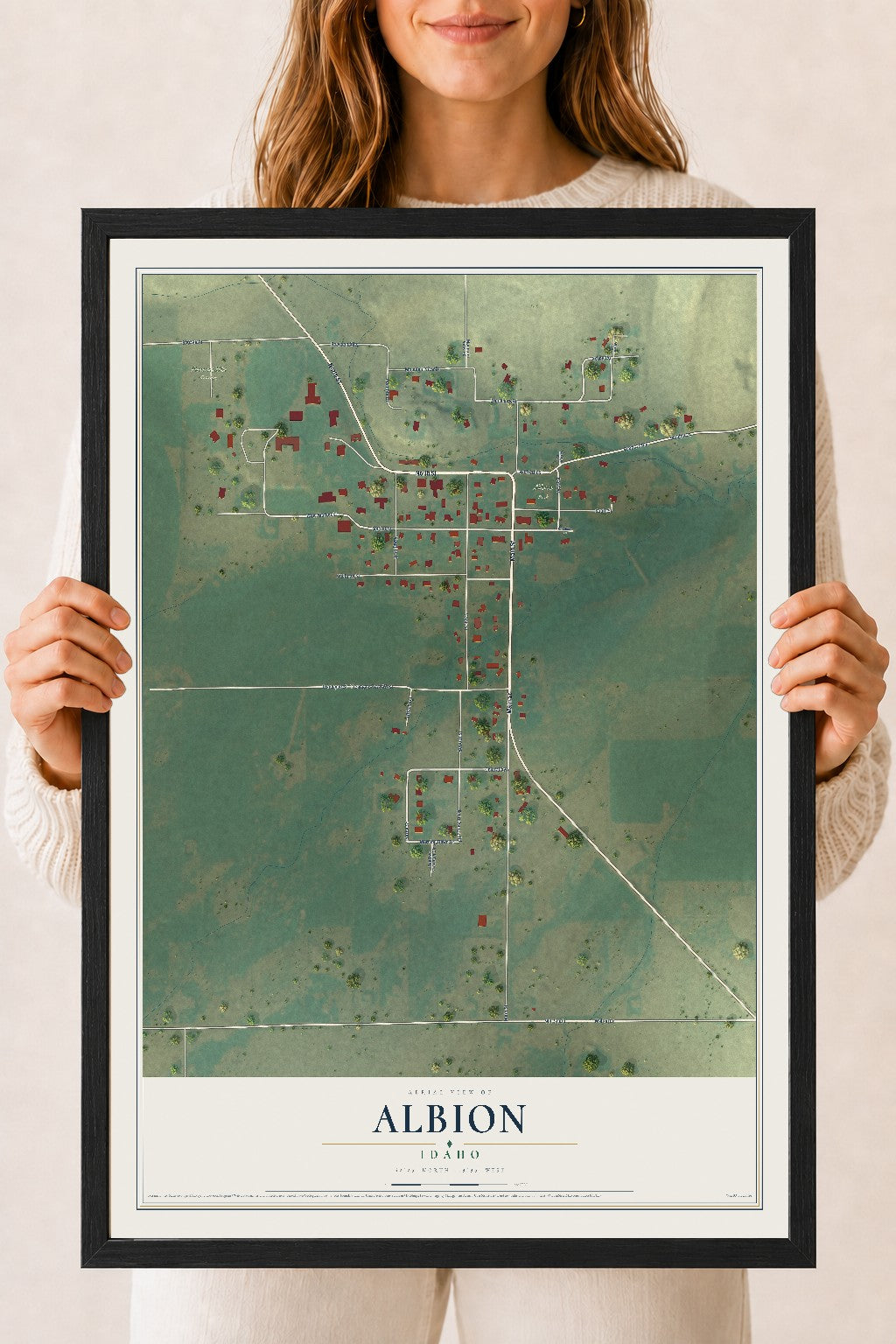 Map of Albion, Idaho, 18 x 24 inch print in a black wood frame