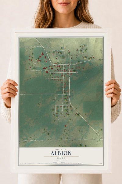 Map of Albion, Idaho, 18 x 24 inch print in a white wood frame