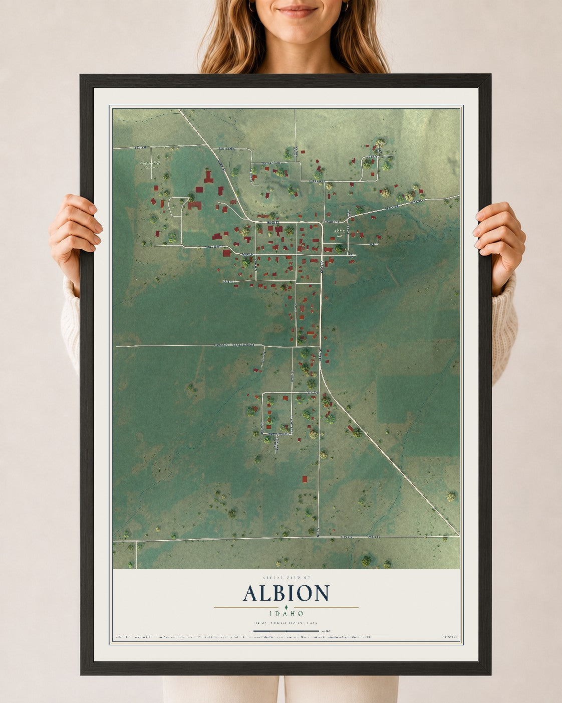 Map of Albion, Idaho, 24 x 36 inch print in a black wood frame