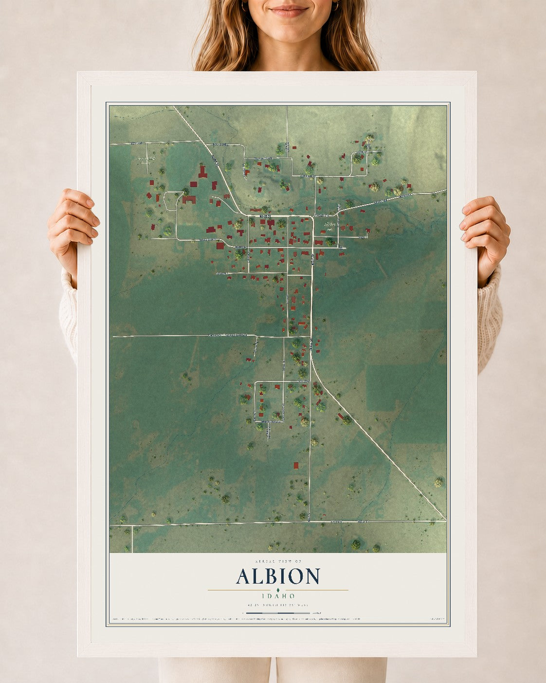 Map of Albion, Idaho, 24 x 36 inch print in a white wood frame