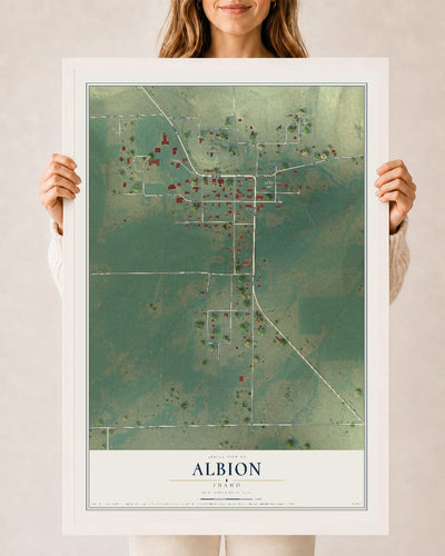Map of Albion, Idaho, 24 x 36 inch print in a white wood frame