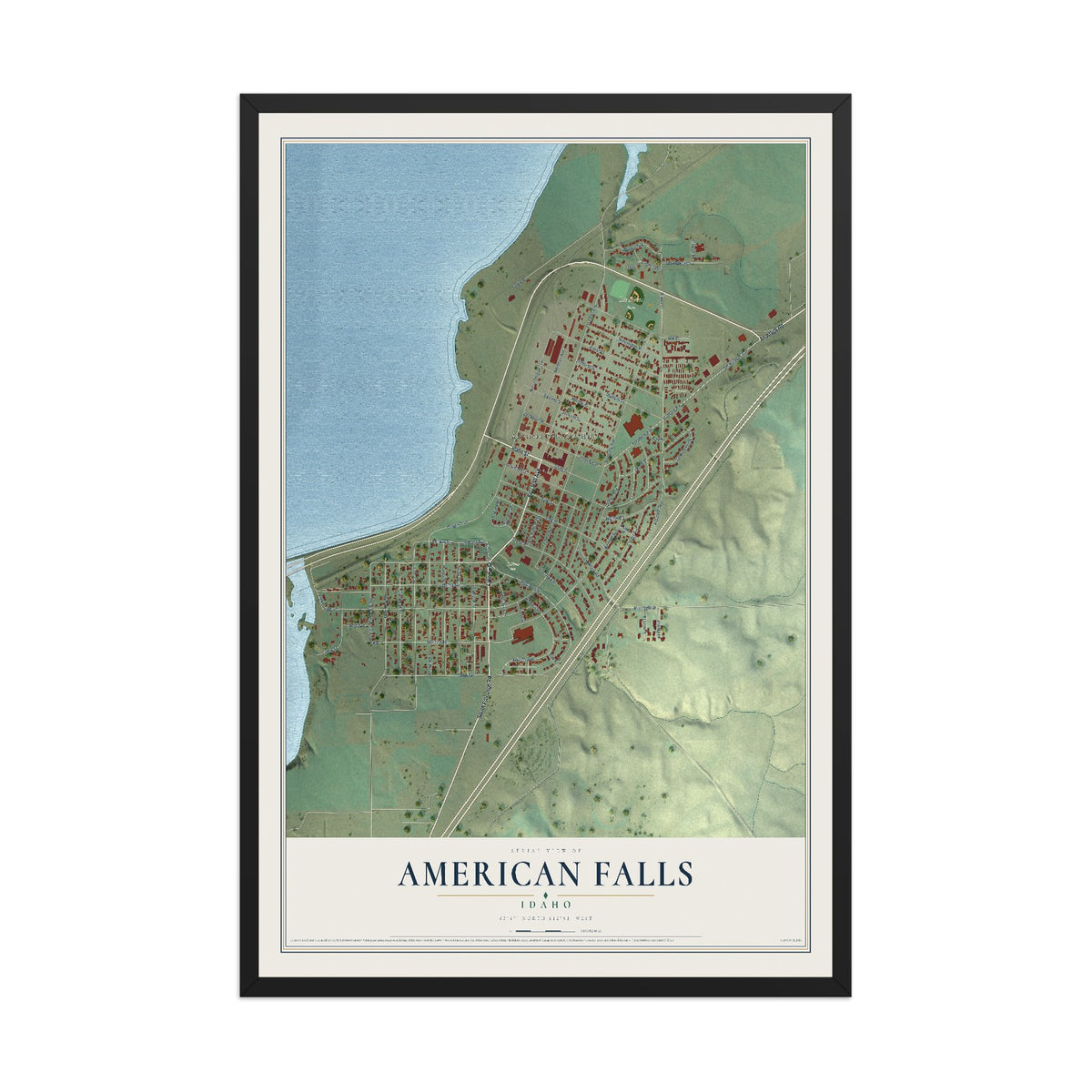 Map of American Falls, Idaho, 12 x 18 inch print in a black wood frame