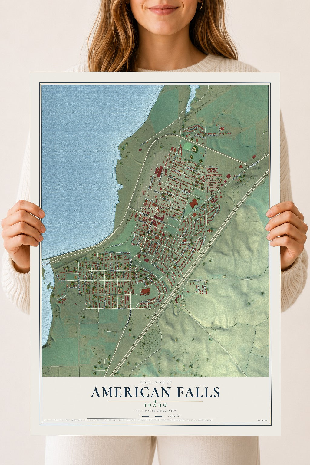 Map of American Falls, Idaho, 18 x 24 inch unframed archival matte print