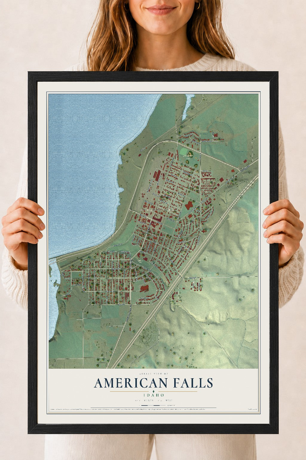 Map of American Falls, Idaho, 18 x 24 inch print in a black wood frame