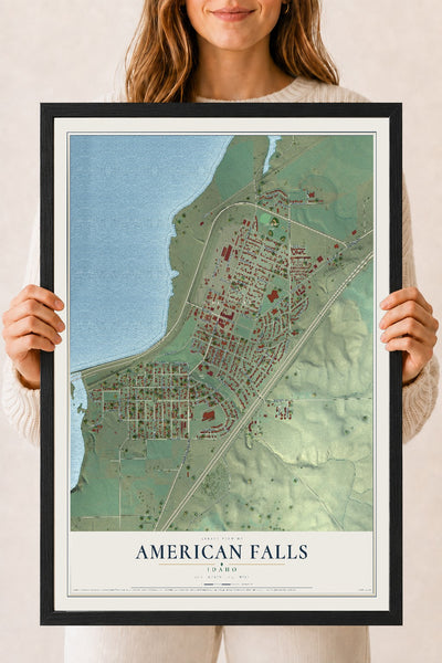 Map of American Falls, Idaho, 18 x 24 inch print in a black wood frame