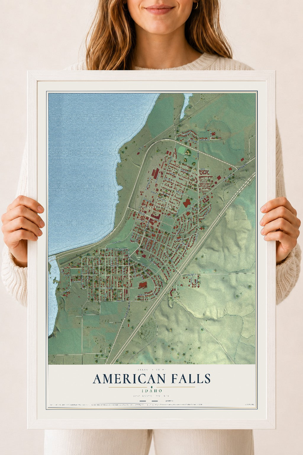 Map of American Falls, Idaho, 18 x 24 inch print in a white wood frame