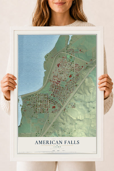 Map of American Falls, Idaho, 18 x 24 inch print in a white wood frame