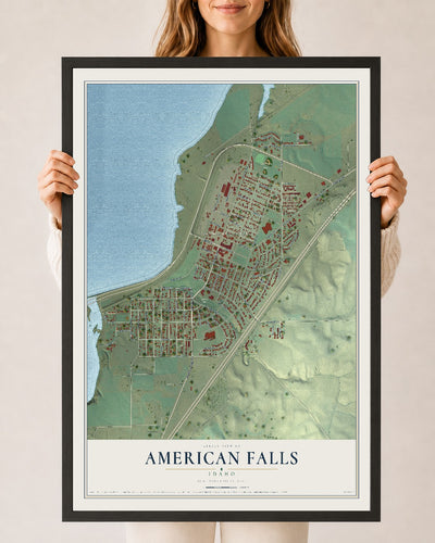 Map of American Falls, Idaho, 24 x 36 inch print in a black wood frame