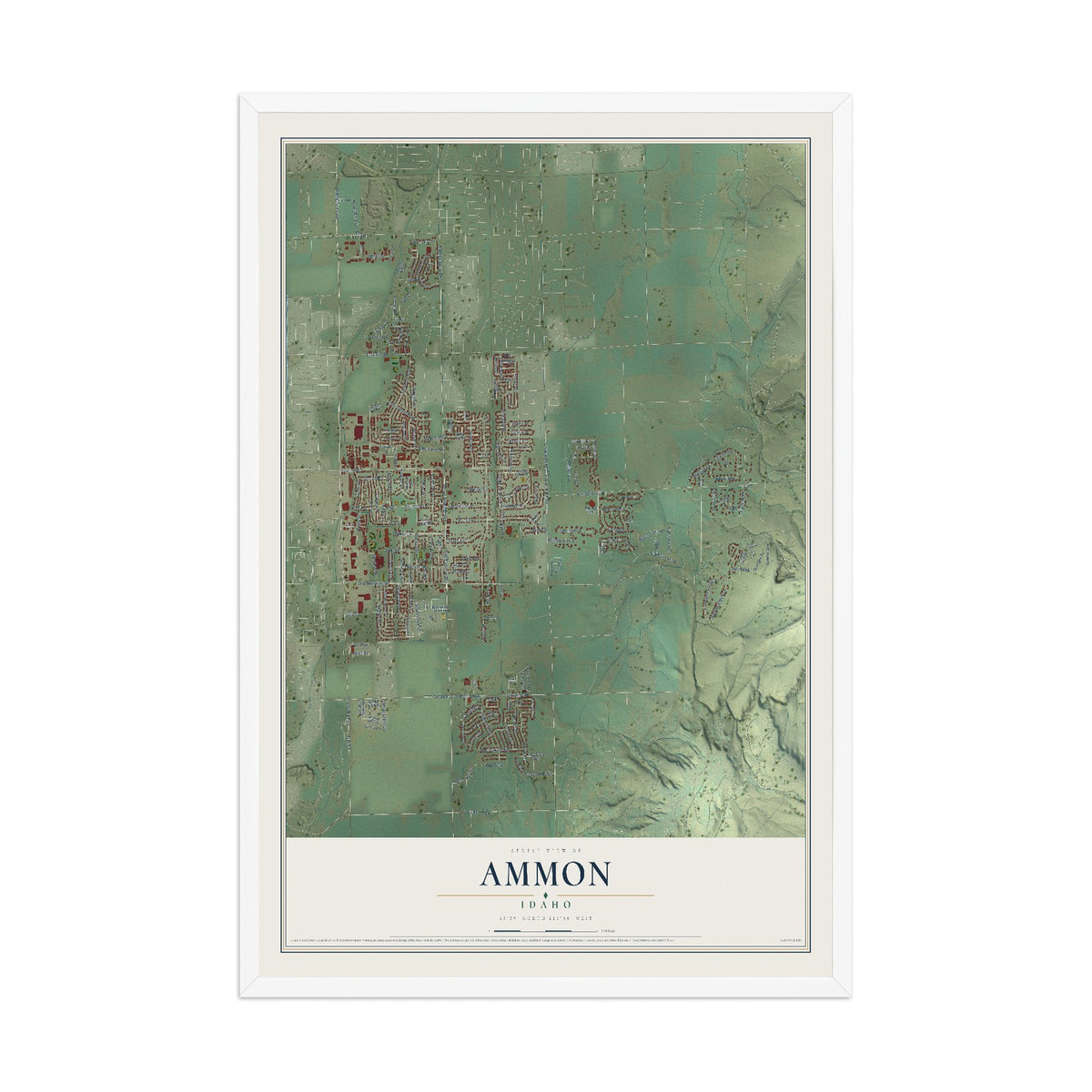 Map of Ammon, Idaho, 12 x 18 inch print in a white wood frame