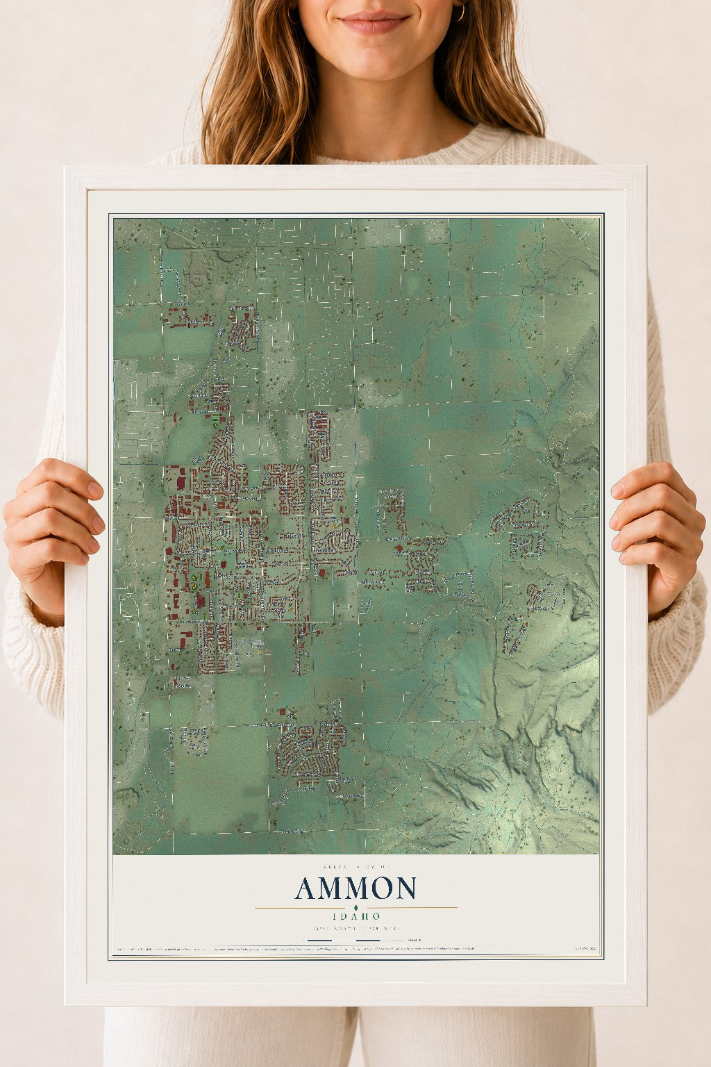 Map of Ammon, Idaho, 18 x 24 inch print in a white wood frame