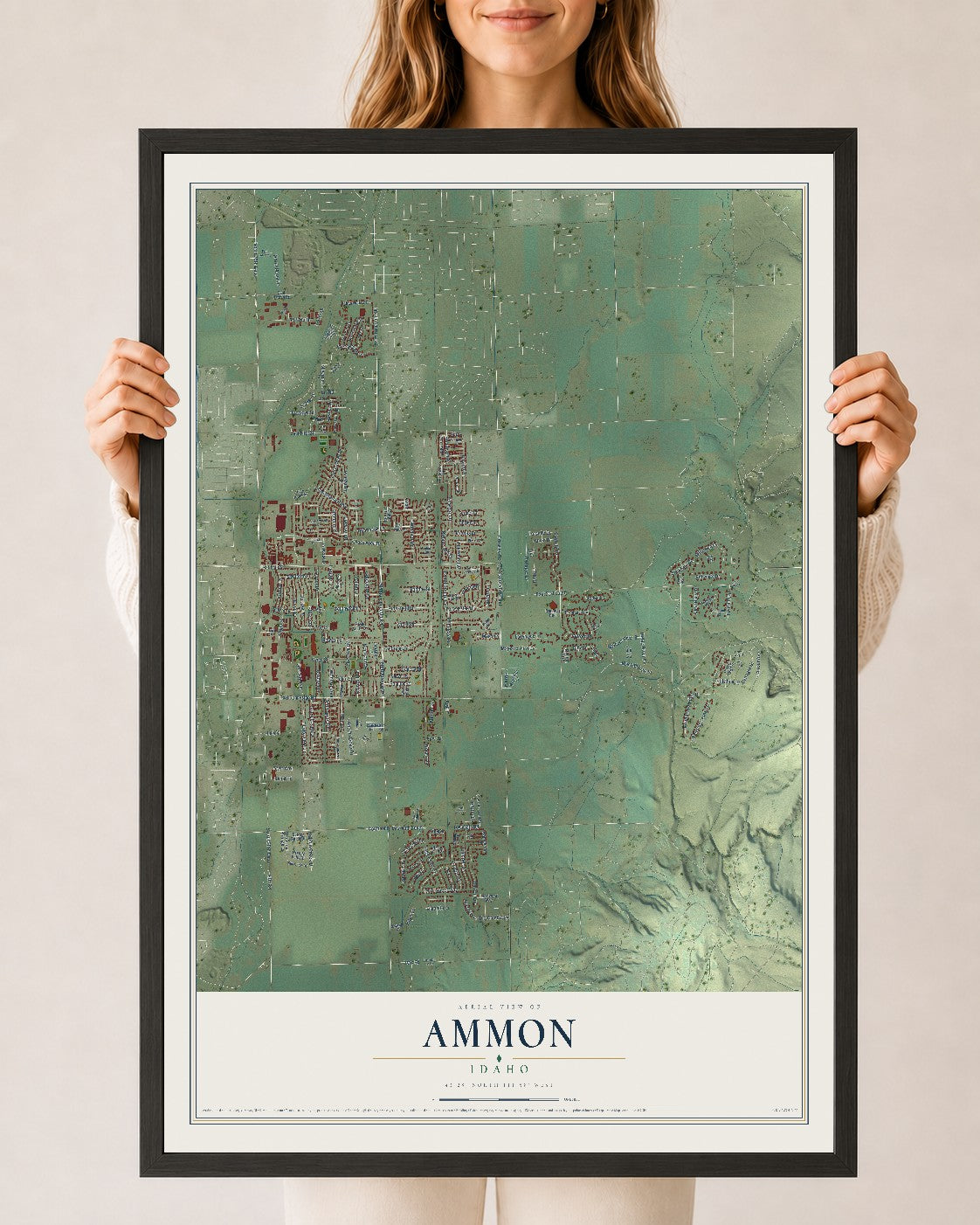 Map of Ammon, Idaho, 24 x 36 inch print in a black wood frame