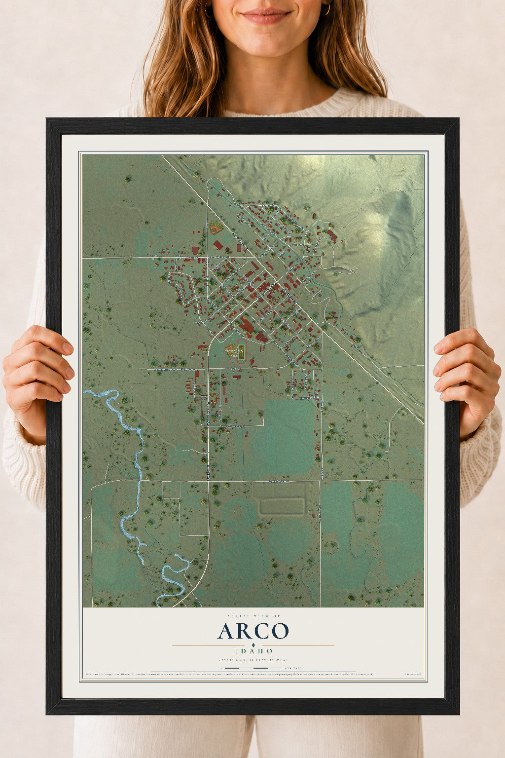 Map of Arco, Idaho, 18 x 24 inch print in a black wood frame