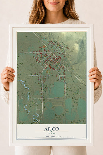 Map of Arco, Idaho, 18 x 24 inch print in a white wood frame