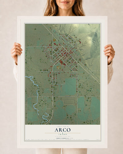 Map of Arco, Idaho, 24 x 36 inch print in a white wood frame