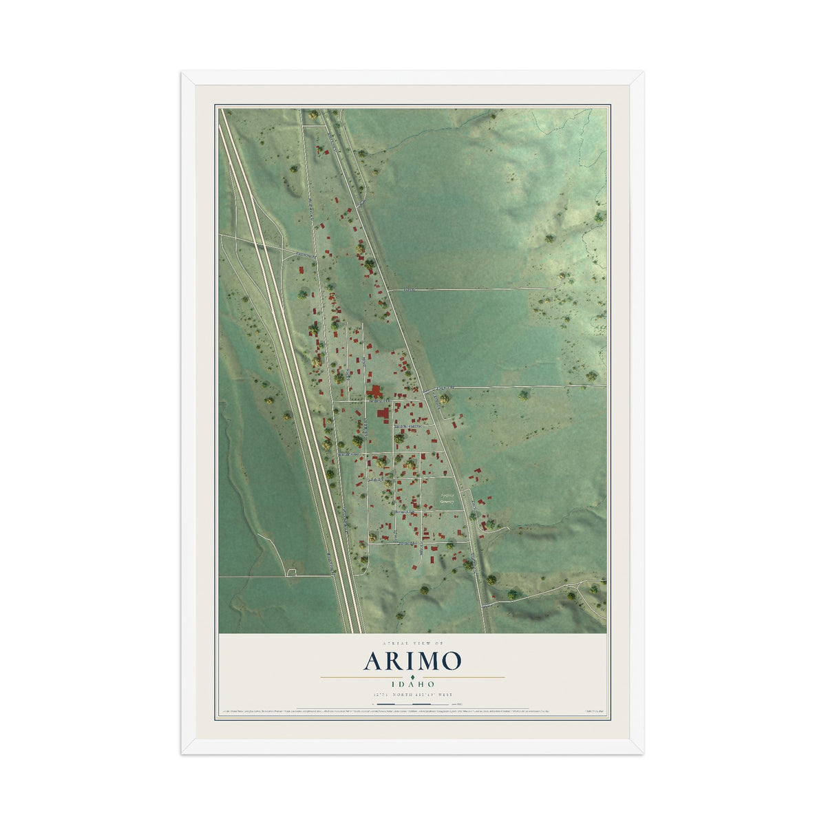 Map of Arimo, Idaho, 12 x 18 inch print in a white wood frame