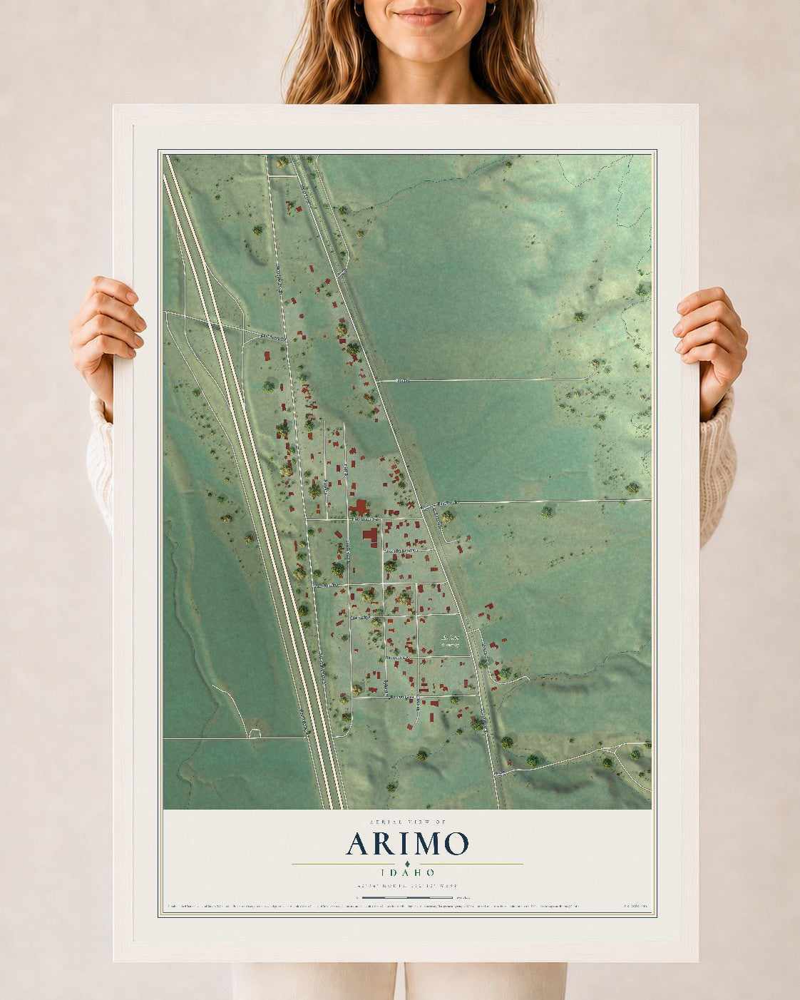 Map of Arimo, Idaho, 24 x 36 inch print in a white wood frame