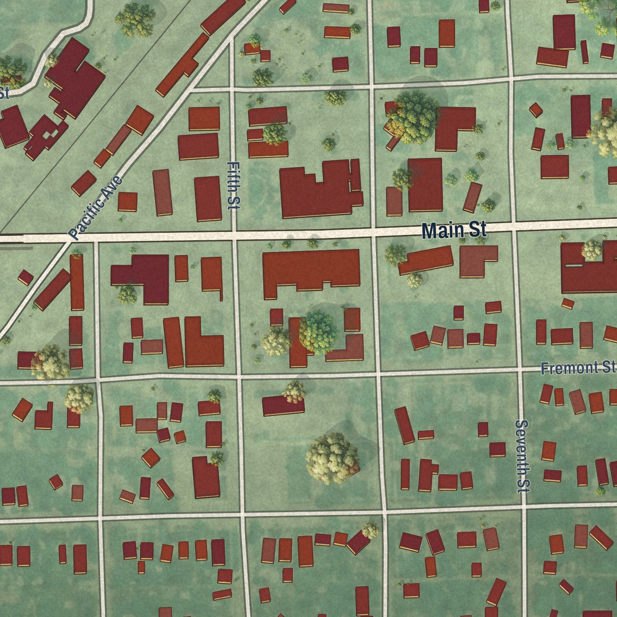 Close-up of the map of Ashton, Idaho print showing street and building detail