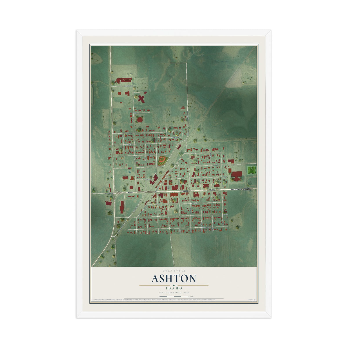 Map of Ashton, Idaho, 12 x 18 inch print in a white wood frame