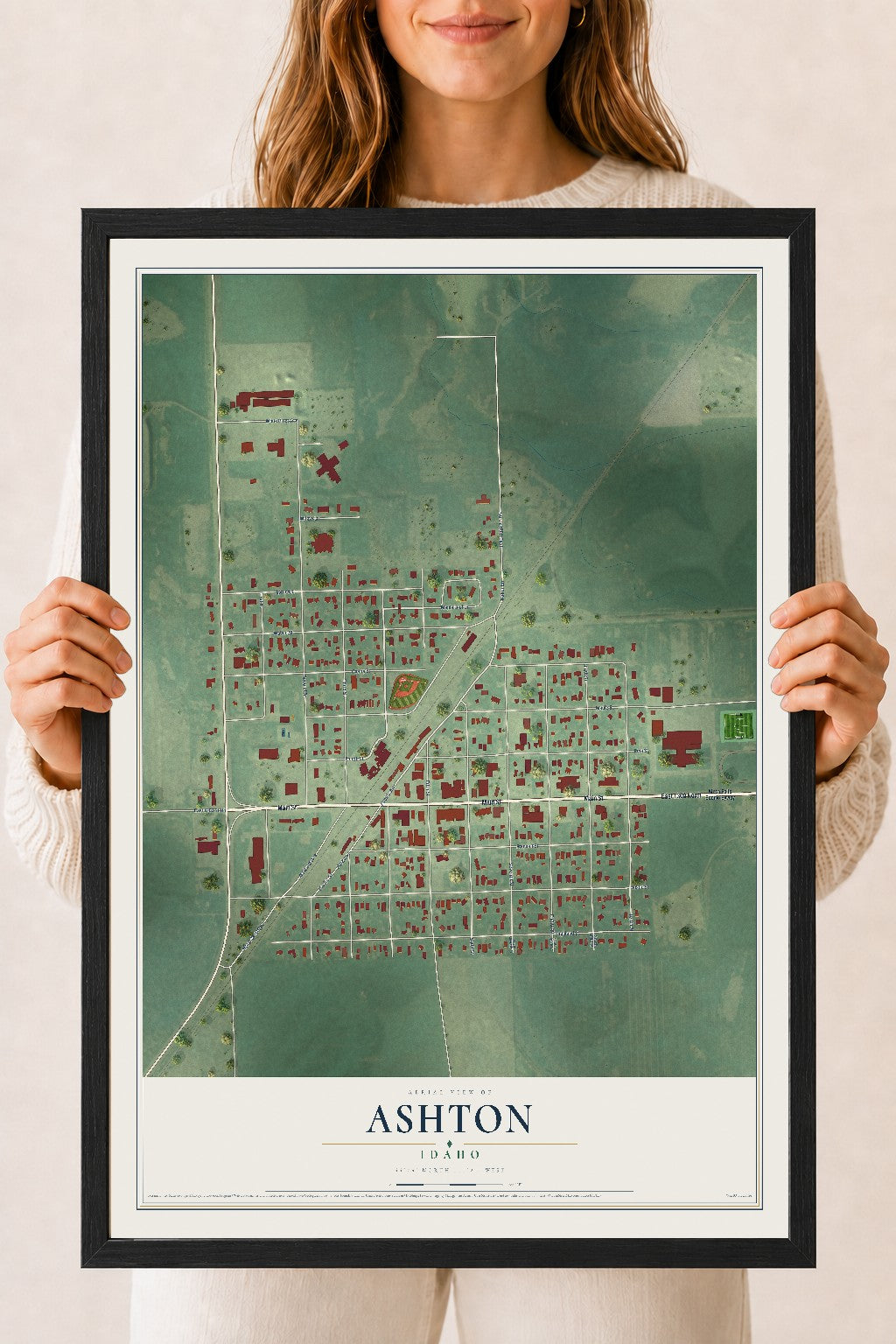 Map of Ashton, Idaho, 18 x 24 inch print in a black wood frame