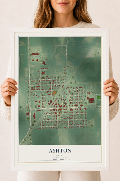 Map of Ashton, Idaho, 18 x 24 inch print in a white wood frame