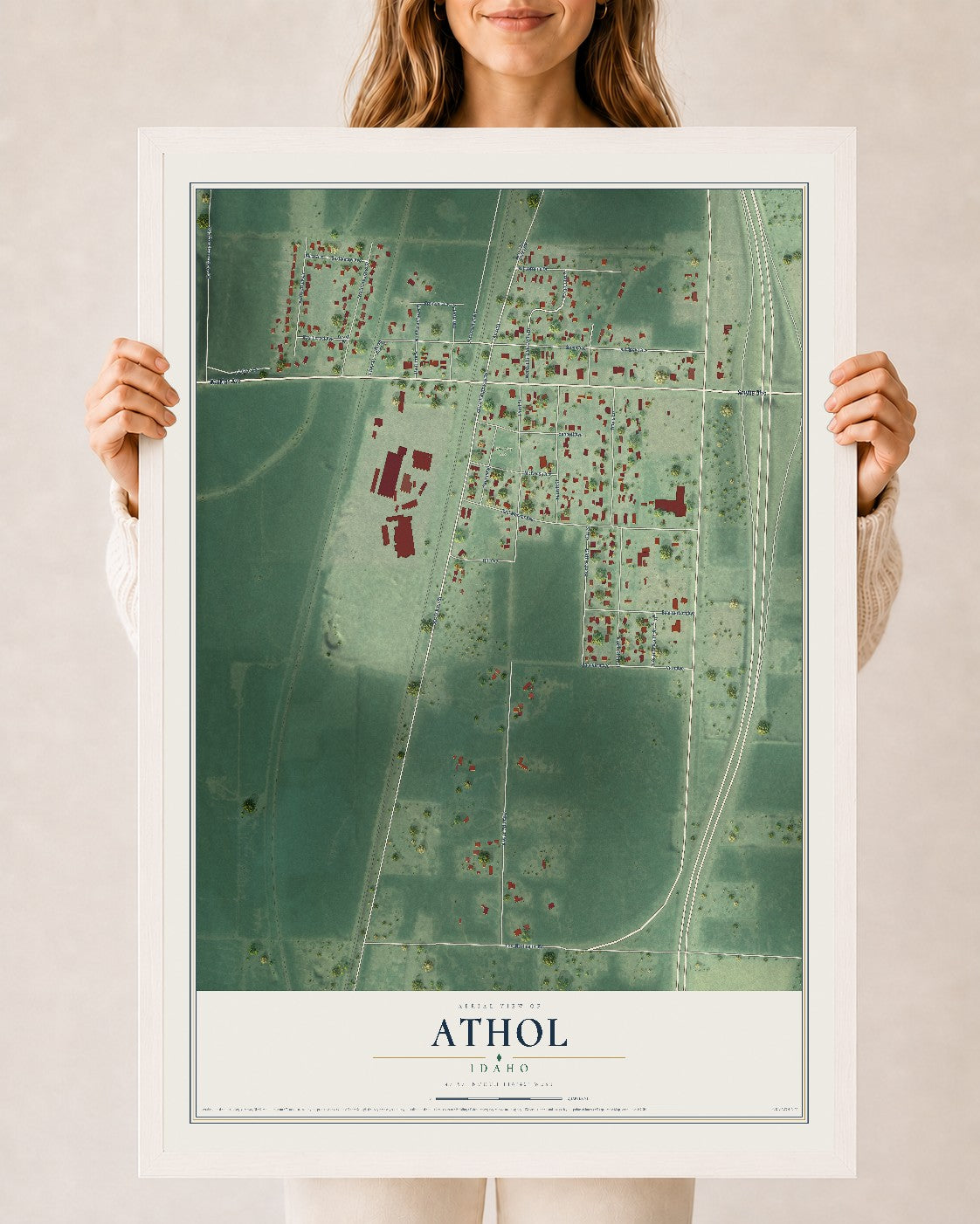 Map of Athol, Idaho, 24 x 36 inch print in a white wood frame