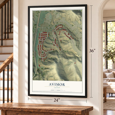 Avimor, Idaho map, 24 x 36 inch print in a black frame by a staircase