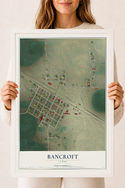 Map of Bancroft, Idaho, 18 x 24 inch print in a white wood frame