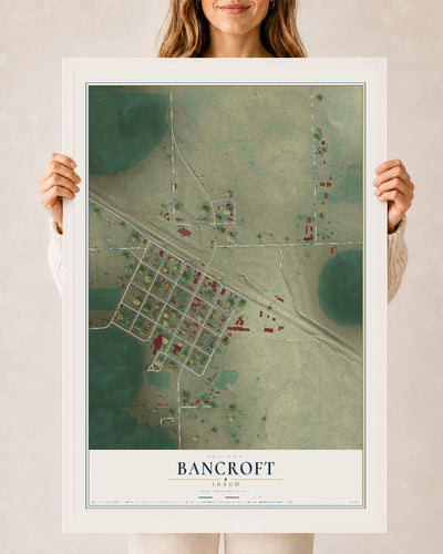 Map of Bancroft, Idaho, 24 x 36 inch print in a white wood frame