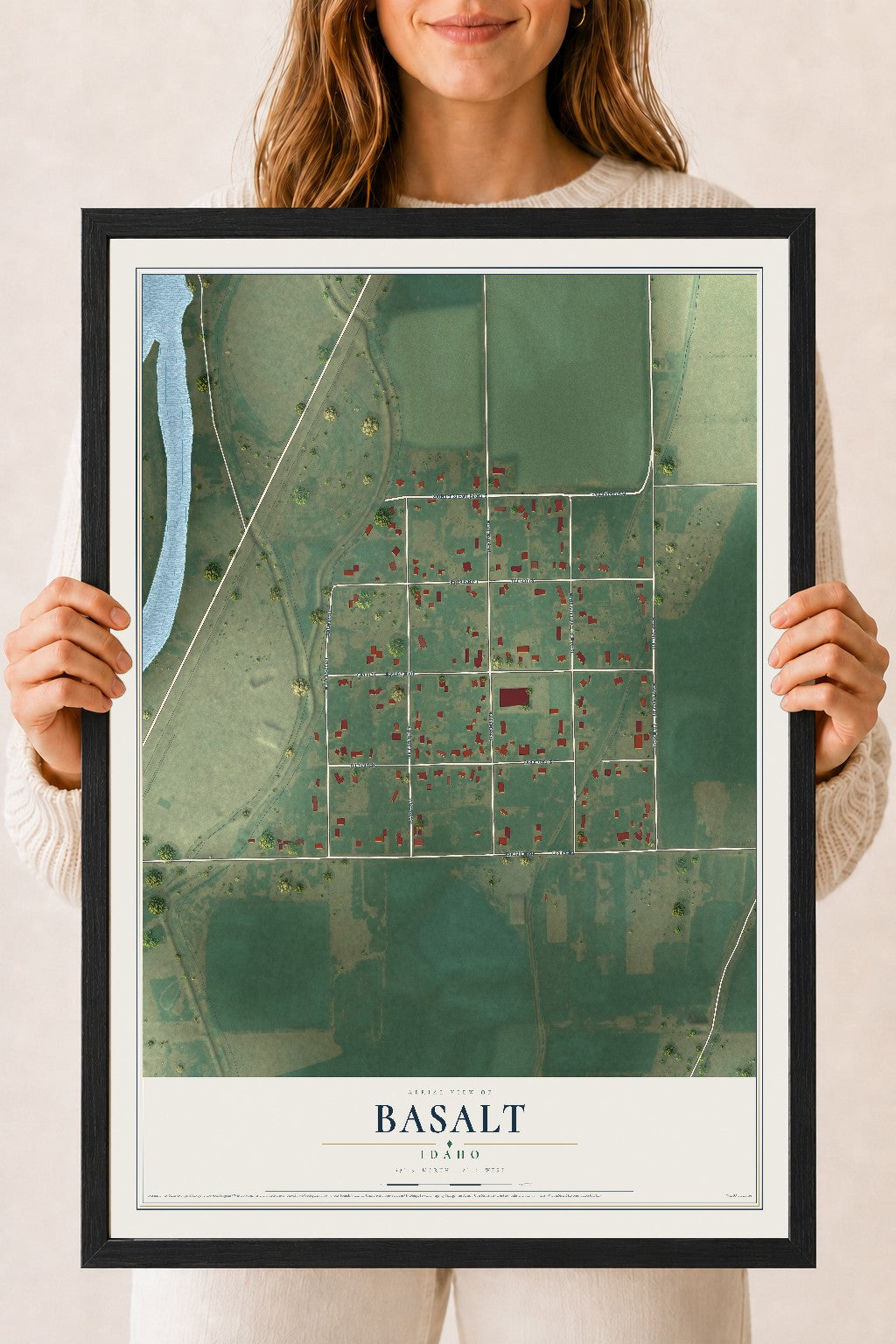 Map of Basalt, Idaho, 18 x 24 inch print in a black wood frame