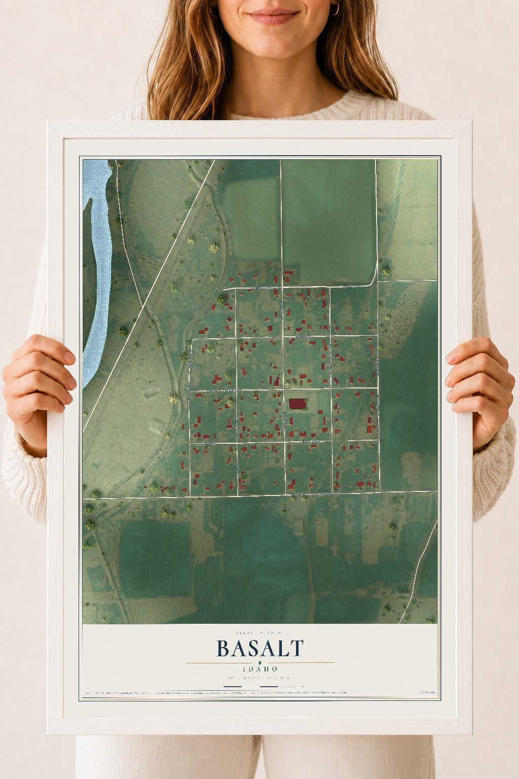 Map of Basalt, Idaho, 18 x 24 inch print in a white wood frame