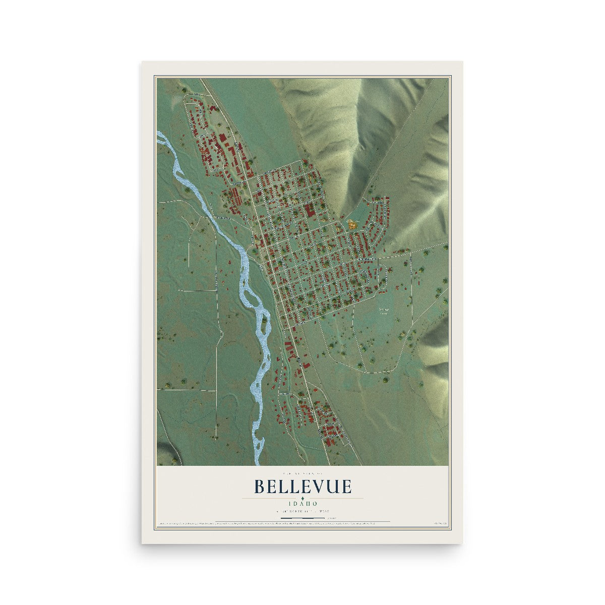Map of Bellevue, Idaho, 12 x 18 inch unframed archival matte print