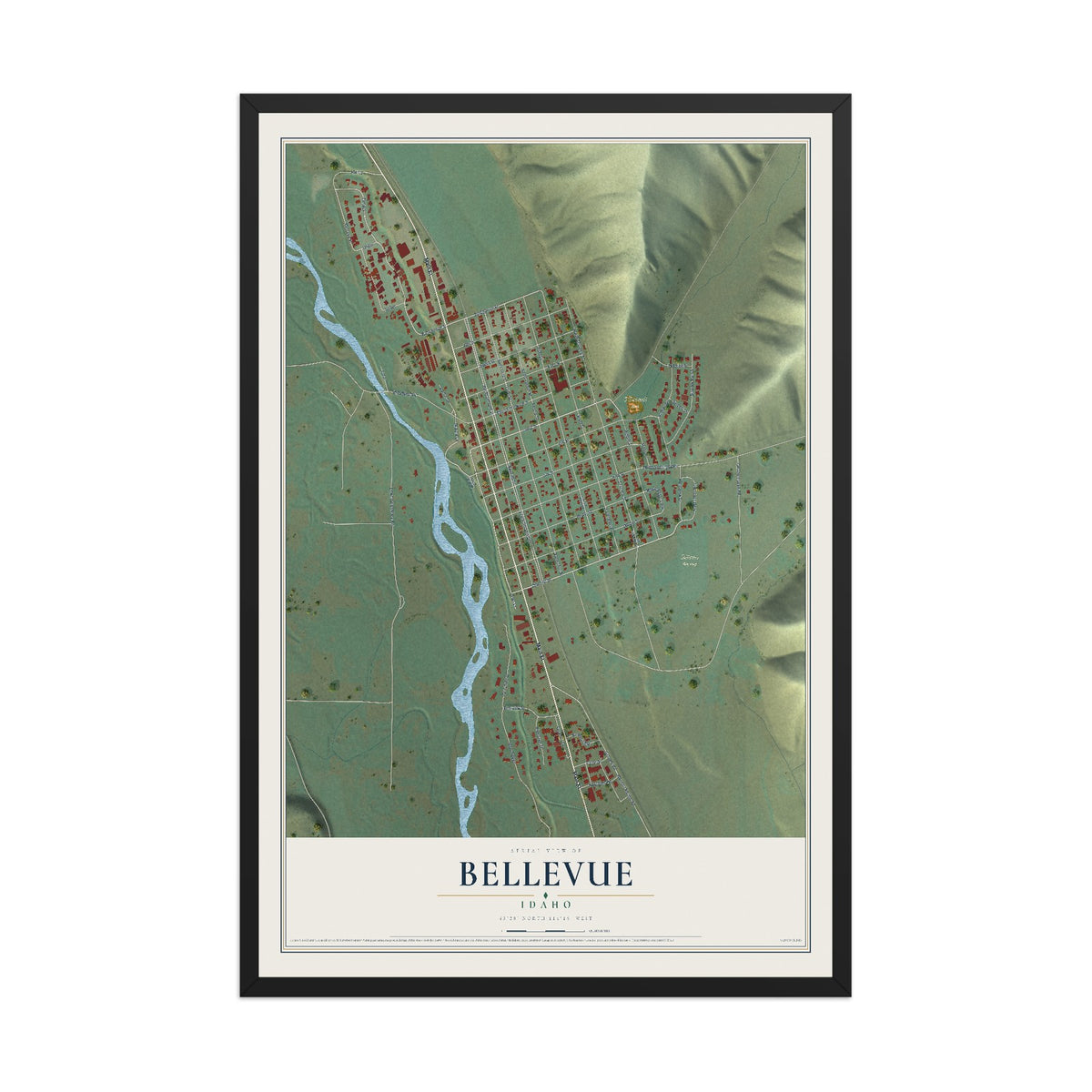 Map of Bellevue, Idaho, 12 x 18 inch print in a black wood frame