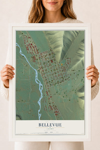 Map of Bellevue, Idaho, 18 x 24 inch print in a white wood frame