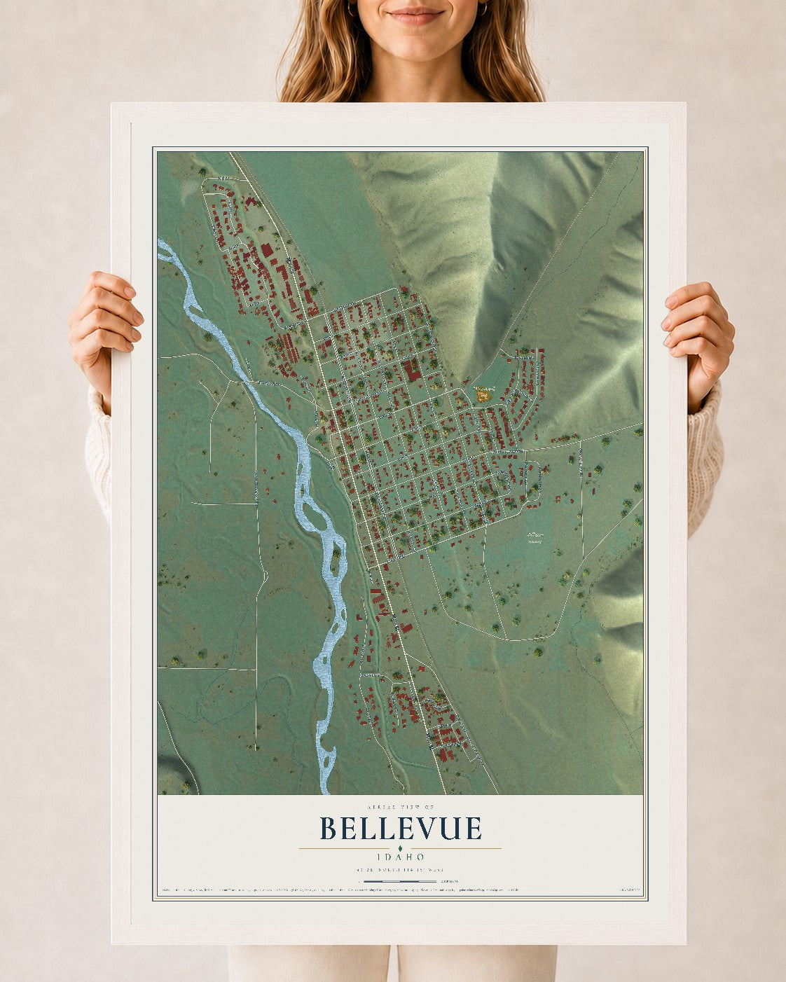 Map of Bellevue, Idaho, 24 x 36 inch print in a white wood frame