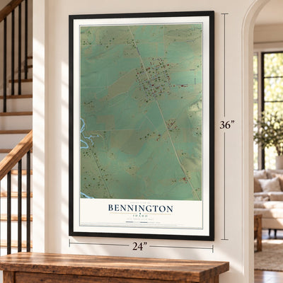 Bennington, Idaho map, 24 x 36 inch print in a black frame by a staircase