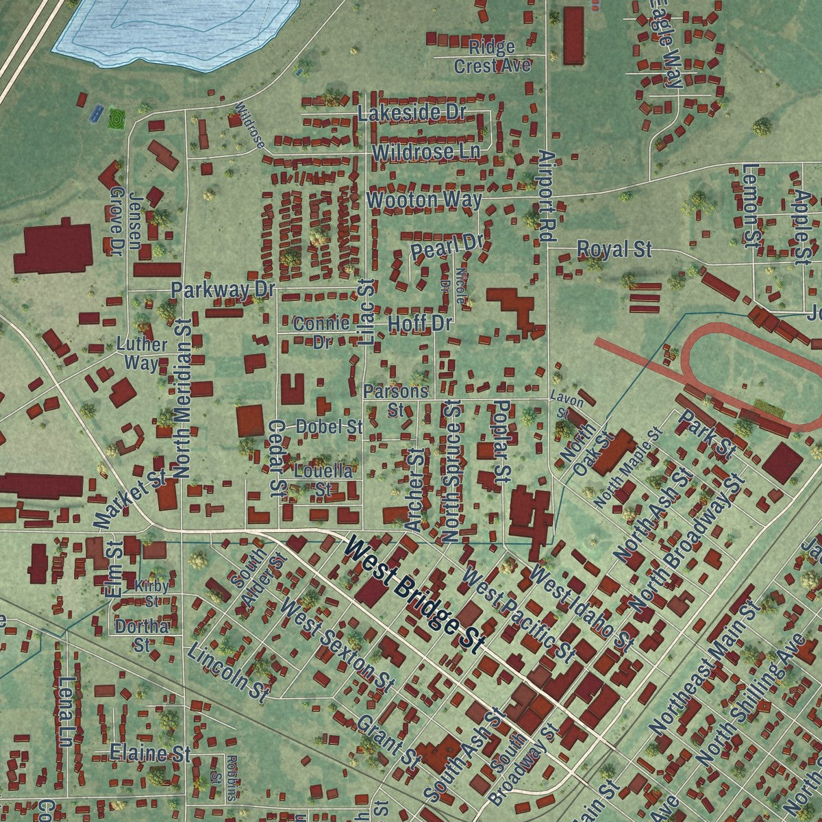 Close-up of the map of Blackfoot, Idaho print showing street and building detail