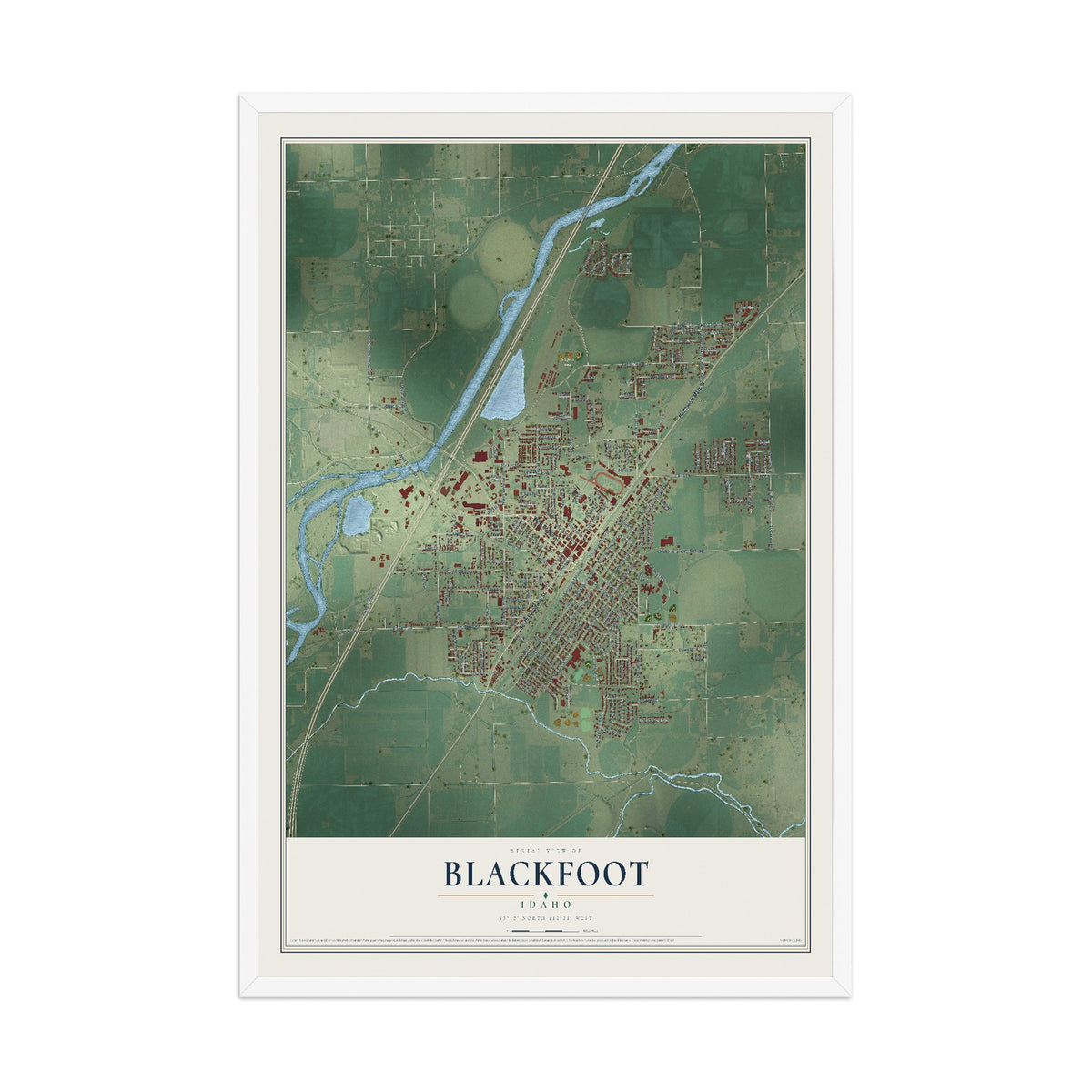 Map of Blackfoot, Idaho, 12 x 18 inch print in a white wood frame