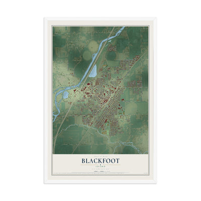 Map of Blackfoot, Idaho, 12 x 18 inch print in a white wood frame
