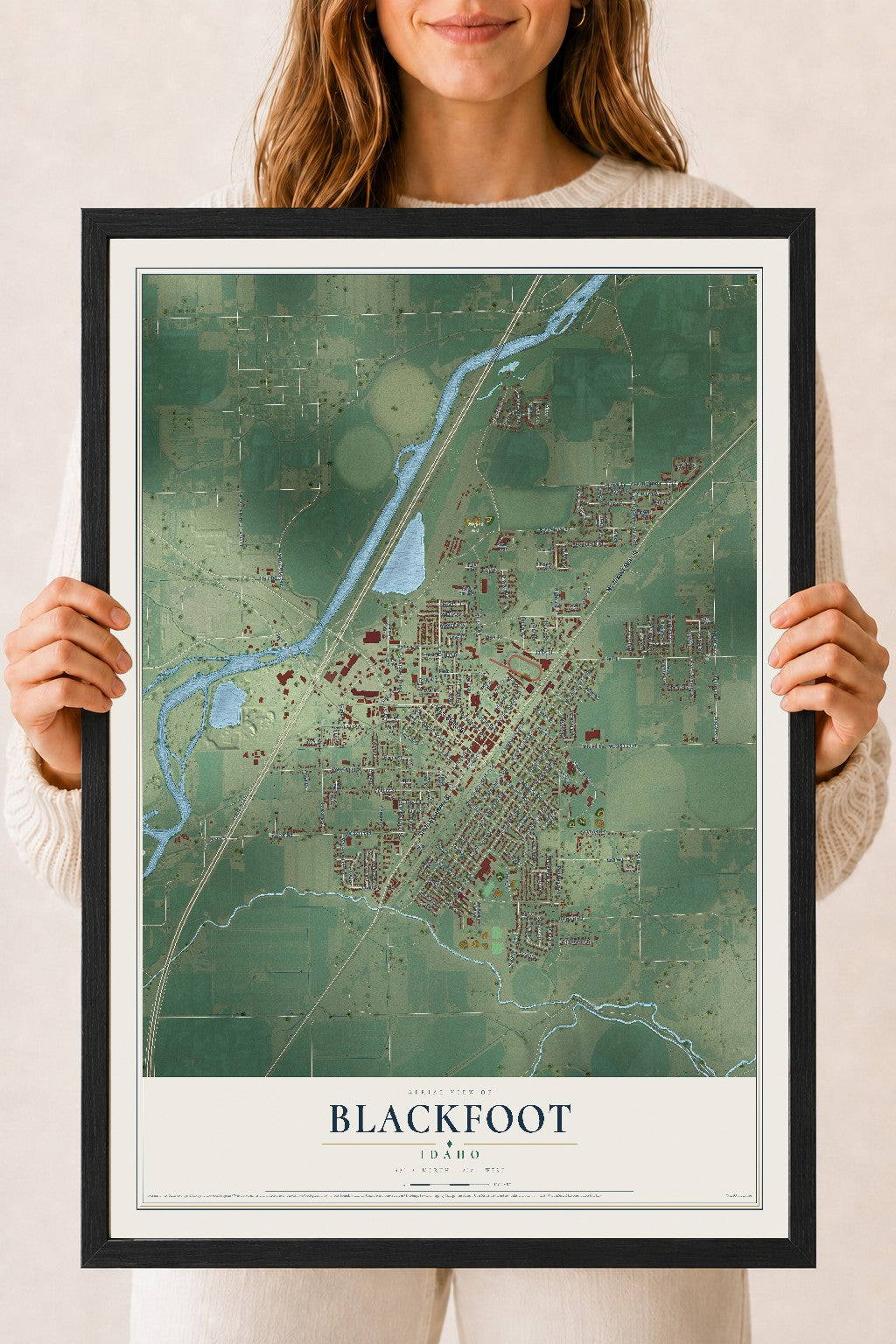 Map of Blackfoot, Idaho, 18 x 24 inch print in a black wood frame