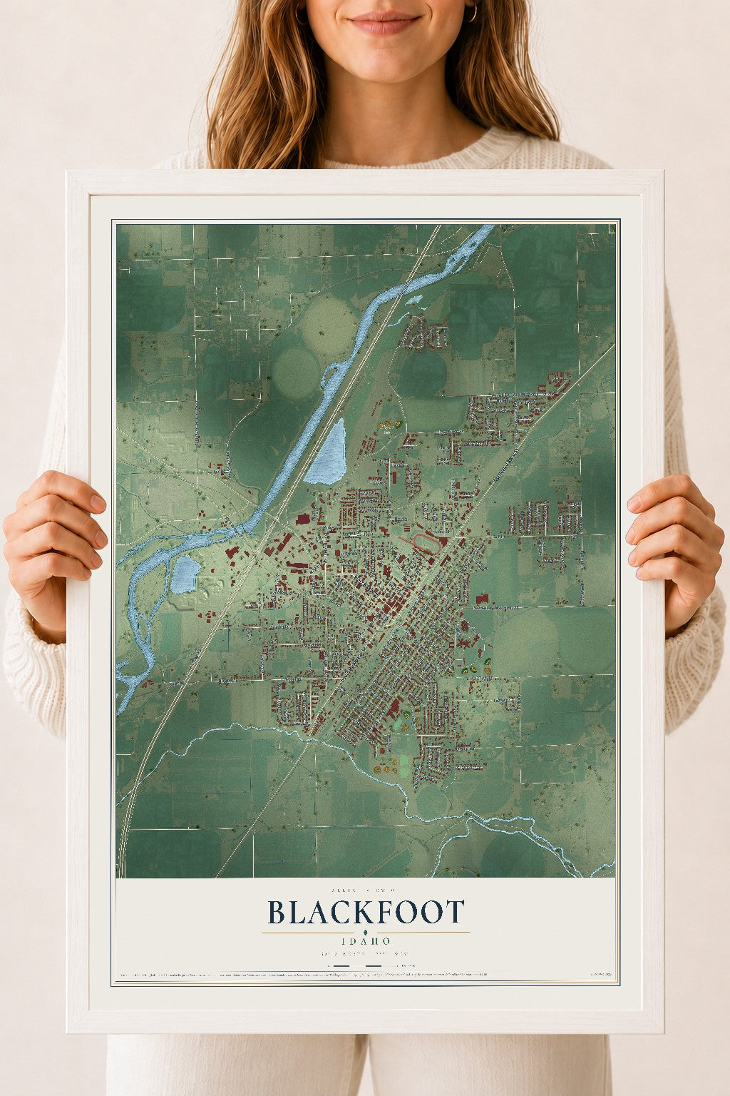 Map of Blackfoot, Idaho, 18 x 24 inch print in a white wood frame