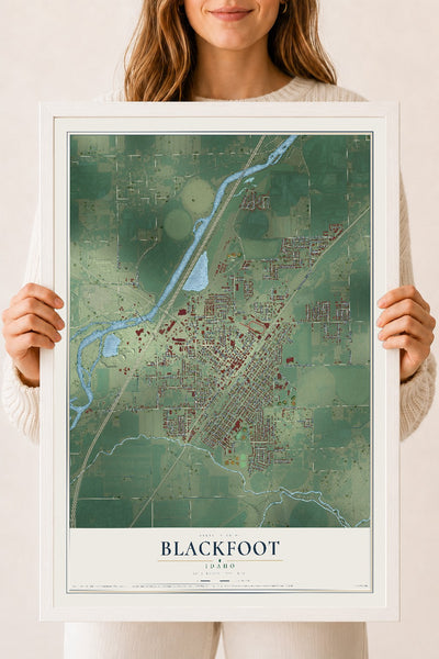 Map of Blackfoot, Idaho, 18 x 24 inch print in a white wood frame