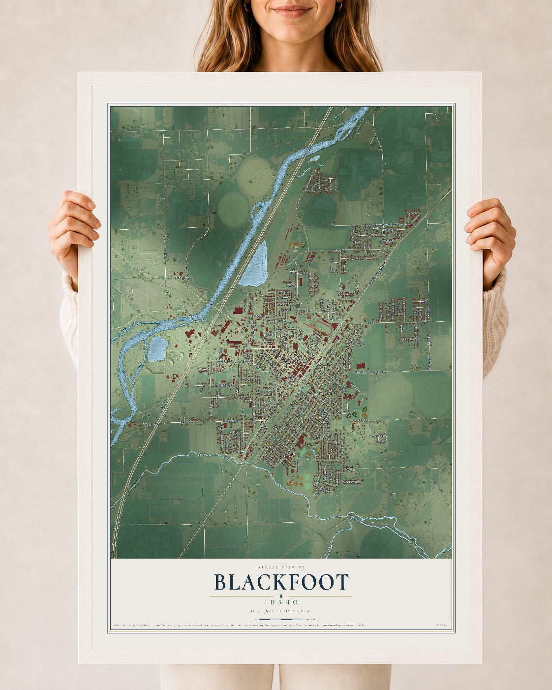 Map of Blackfoot, Idaho, 24 x 36 inch print in a white wood frame