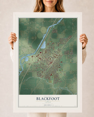 Map of Blackfoot, Idaho, 24 x 36 inch print in a white wood frame