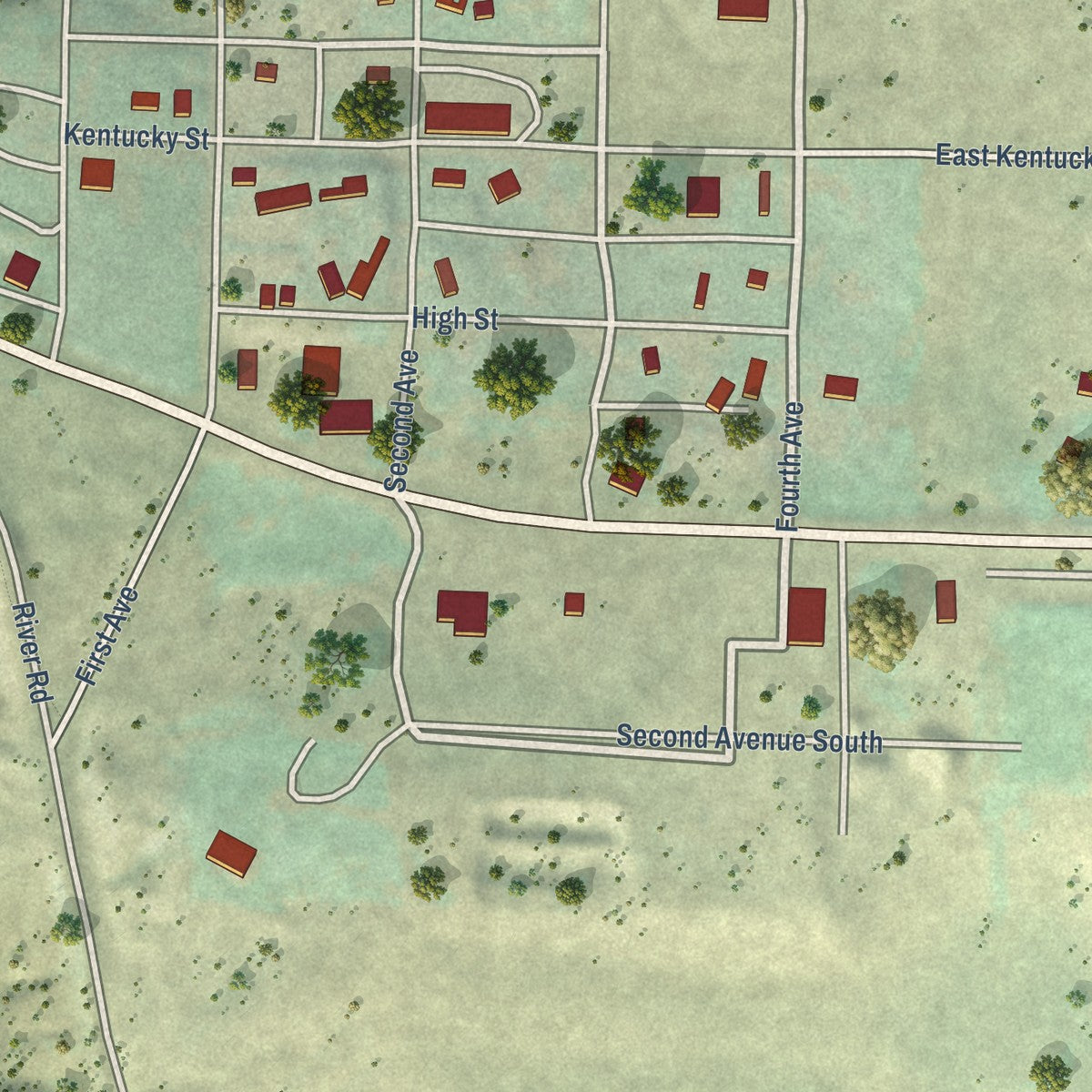 Close-up of the map of Bliss, Idaho print showing street and building detail