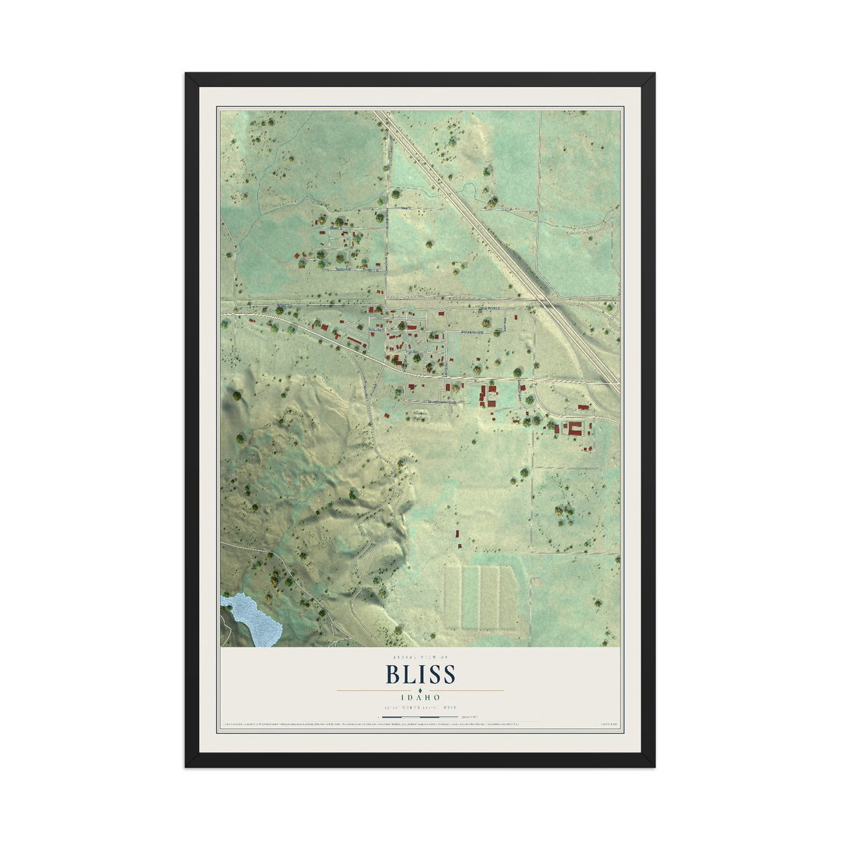 Map of Bliss, Idaho, 12 x 18 inch print in a black wood frame