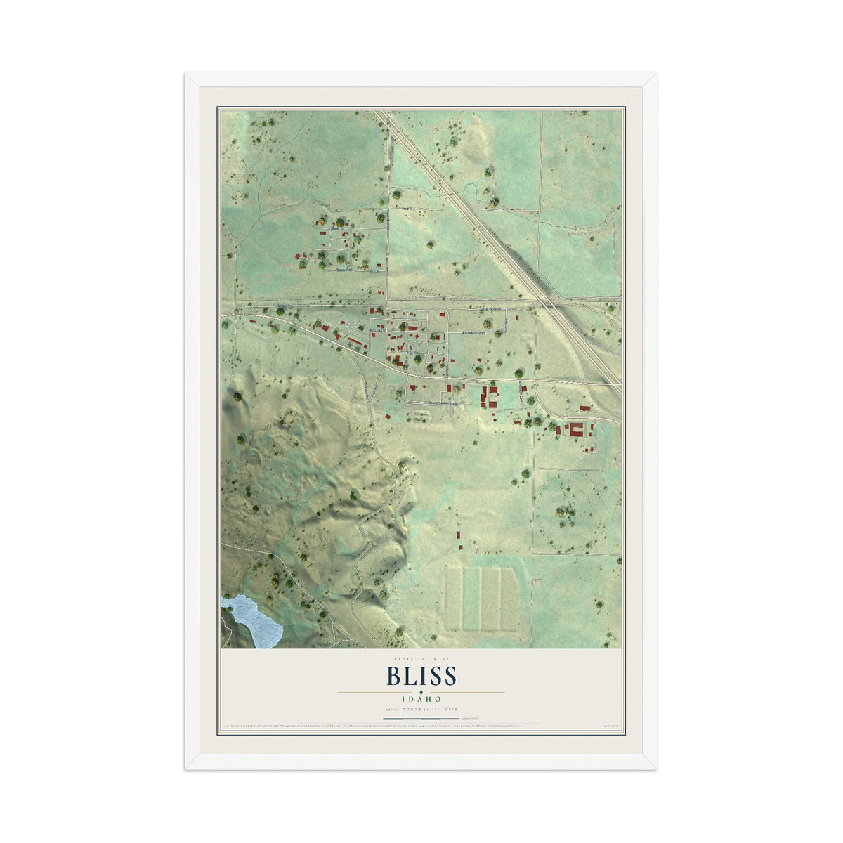 Map of Bliss, Idaho, 12 x 18 inch print in a white wood frame